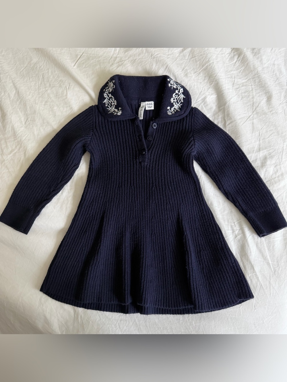 Janie and Jack Navy Ribbed Knit Dress with White Embroidered Floral Collar